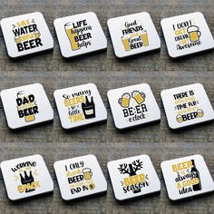 six coasters with different types of beer and sayings on them, sitting on a table