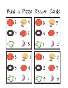 four different pictures with the words build a pizza recipe cards on them and numbers to match