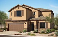 a two story house with brown shutters on the front and tan siding, surrounded by desert landscaping