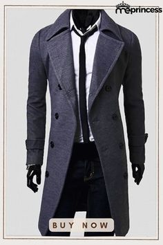 Grey Fashion Casual Solid Split Joint Buckle Turndown Collar Outerwear Trenchcoat Style, Double Breasted Overcoat, Mens Wool Coats, Mens Overcoat, Slim Fit Coat, Men's Trench Coat, Long Overcoat, Trench Coat Style, Winter Trench Coat