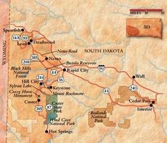 a map of the state of south dakota, with all its roads and major cities