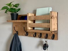 a wooden shelf with hooks and keys hanging from it's sides next to a potted plant