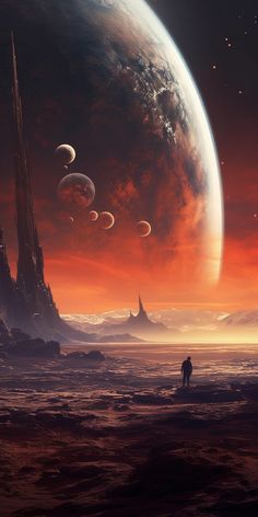 an artist's rendering of planets in the distance, with two people walking towards them