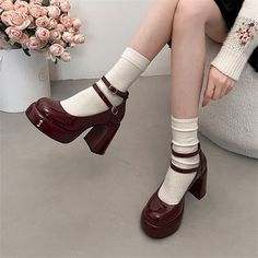 2024Spring Elegant Woman Heeled Shoes Platform Mary Jane Shoes Fashion Shallow Thick High Heel Red Party Dress, Zapatos Mary Jane, Mary Jane High Heels, Red Party, Platform Mary Janes, Mary Jane Shoes Womens, Shoes Platform, Red High, Mary Jane Heels