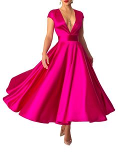 "Rubellite" Magenta V-Neck Midi Dress – FKSP Magenta Dress Outfit Casual, Vestidos Color Fucsia, Magenta Dress, Long Skirt Fashion, V Neck Midi Dress, Dress Designer, Dress Formal, Grace Kelly, Spring Dress