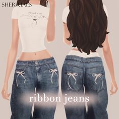 an animated image of two women in jeans with the words ribbon jeans on their sides