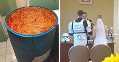 there are two pictures one shows a bride and groom, the other shows spaghetti in a trash can