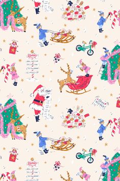 a christmas pattern with santa claus and reindeers on sleighes in front of a tree