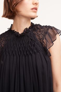 This floor-skimming dress sits apart from the rest with a unique diamond-smocked yoke tacked by hand. Its semi-sheer silk chiffon silhouette is detailed with a cascade of ruffles and gathers for added volume. Lace Shirts, Feminine Wardrobe, Smocked Dress, Woman's Fashion, Ruffled Maxi Dress, Lace Shirt, Rebecca Taylor, Smock Dress, Silk Chiffon