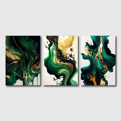 three abstract paintings in gold, green and white