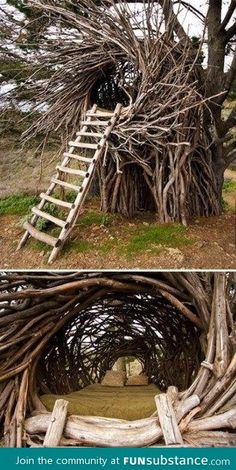 a tree house made out of branches with a ladder going up the top and bottom