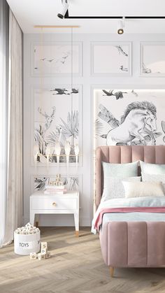 the bedroom is decorated in pink and white with an artistic mural on the wall behind the bed