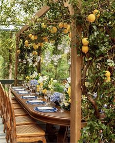 an outdoor dining table set with blue and white place settings, surrounded by greenery