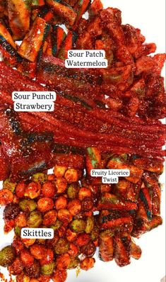 different types of meats and vegetables on a white plate with words describing the ingredients