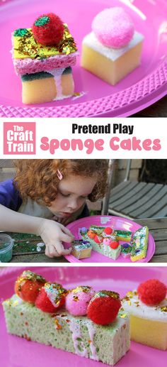 a child is playing with sponge cakes on a pink plate, and then eating them