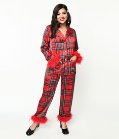 Red Tartan & Feather Trim Pajama Set - Unique Vintage - Womens, ACCESSORIES, LINGERIE Plaid Long Sleeve Pajama Set For Party, Holiday Long Sleeve Sets For Fall, Holiday Fall Sets With Long Sleeves, Plaid Long Sleeve Sets For Fall, Plaid Sleepwear For Pajama Party In Fall, Winter Plaid Long Sleeve Sets, Plaid Long Sleeve Winter Sets, Plaid Long Sleeve Sleepwear For Fall, Red Long Sleeve Sleepwear For Fall