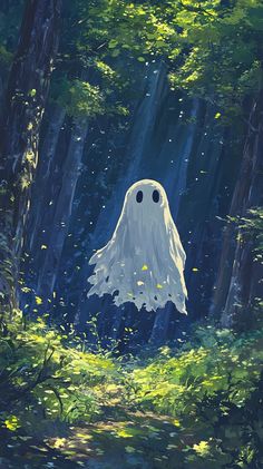 a painting of a ghost in the middle of a forest with lots of green leaves