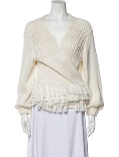 FRAME PulloverWhiteFringe Trim AccentLong Sleeve with V-NeckFit:Knitwear by FRAME typically fit true to size. White Textured Knit V-neck Cardigan, Fringe V-neck Top For Fall, White Knitted V-neck Sweater For Spring, Chic White V-neck Sweater For Spring, V-neck Fringe Top For Fall, White V-neck Textured Knit Cardigan, White Fringe Tops For Fall, V Neck Sweater, Vneck Sweater