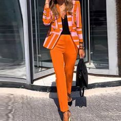 Fashion Lapel Long Sleeve Coats and Pencil Pant Set Women Casual Long Sleeve Slim Outfits Elegant Print Patchwork Two Piece Suit Fitted Orange Pants For Office, Orange Spring Pantsuit For Work, Orange Spring Pantsuit For Workwear, Fitted Orange Workwear Sets, Fitted Orange Blazer For Office, Fitted Orange Workwear Pants, Fitted Orange Pantsuit For Spring, Spring Orange Fitted Pantsuit, Slim Outfits