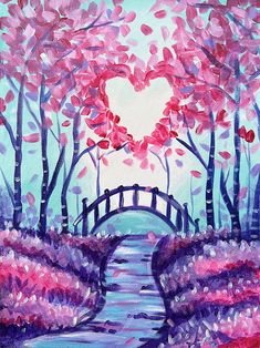 an acrylic painting of a bridge and trees with pink flowers in the foreground