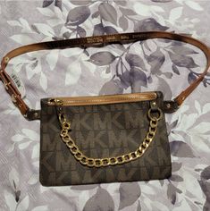 Michael Kors Belt Purse With Chain New With Tags Size Small Purchased At Macy's Brown Chain Bags, Everyday Brown Bag With Gold Chain, Brown Everyday Bag With Gold Chain, Michael Kors Brown Bag With Chain Strap, Michael Kors Belt, Belt Pack, Bags Michael Kors, Leather Belt Bag, Belt Purse