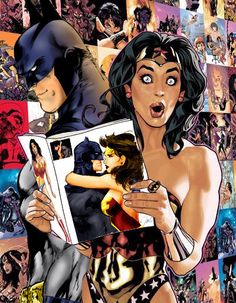 an image of a woman holding a comic book in front of her face and surrounded by comics