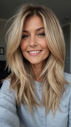 Mom Hair Magic: 15 Stunning Haircut Ideas to Brighten Your Day - Fads Medium To Long Blonde Hair, Long Length Haircut For Thinner Hair, Thick Blonde Layered Hair, Long Bob With Layers And Face Framing, Round Face Blonde Hairstyles, Side Part Long Bangs Medium Hair, Medium Long Blonde Haircut, Layered Medium Blonde Hair, Side Haircuts Women