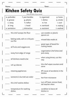 the kitchen safety quiz is shown in black and white, with instructions for each item