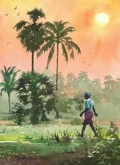 a woman walking across a lush green field under a pink sky with palm trees in the background