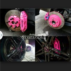 four different pictures of pink wheels and rims on a black motorcycle with the words dymatech printed on it