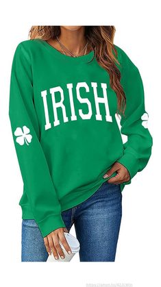 Women St. Patrick's Day Sweatshirts Shamrock Clover Print Shirts Casual Irish Gift Long Sleeve Loose Fit Tops. #casual #sweatshirt #green #irish #fashion #cozy #shamrock #clover #stpatricksday Lingerie Valentines Day, Irish Clover, Irish Women, Sequined Sweatshirt, Irish Gifts, Branded Sweatshirts