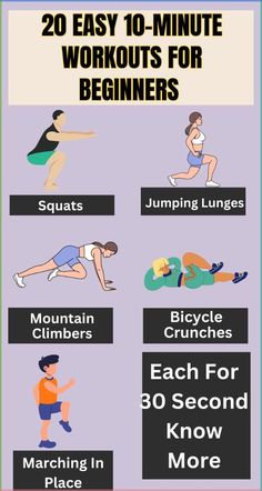 an exercise poster with the words 20 easy 10 minute workouts for beginners