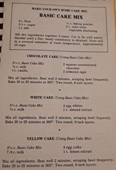 an old recipe book with instructions on how to make basic cake mix