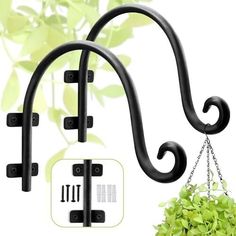 two black wrought iron hooks hang from the side of a planter with green leaves on it