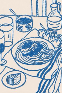 a blue ink drawing of food on a table with utensils and glasses in the background