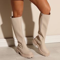 Brand New Fashion Nova Boots Size 8.5 Trendy Beige Knee-high Boots With Round Toe, Beige Flat Heel Faux Leather Boots, Beige Wide Calf Knee-high Boots With Round Toe, Beige Faux Leather Closed Toe Boots, Beige Faux Leather Closed-toe Boots, Denim Knee High Boots, White Winter Boots, 2024 Era, Thigh High Boots Flat