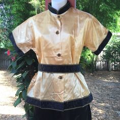 "Vintage Hollywood three piece lounge set. Black quilted cuffs and collar with gold accents. Black pants with elastic and buttons.  New old stock - never worn  Label reads \"Miss Fashion\" Acetate. 34 Measures up to a 38\" bust and a 26\" to 30\" waist." 1920s Pajamas, 1950s Pajamas Women, 1920s Pyjamas, 60s Pajamas Vintage, 1940s Pyjamas, Vintage Lounge, Pyjama Sets, Lounge Pajamas, Womens Pyjama Sets