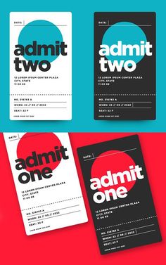 three different types of business cards with the words admit two on each side and an admin