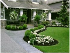 front yard landscaping with white flowers and green grass in the foreground is a house