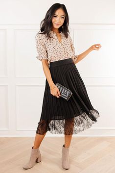 Emery Lace Detail Skirt – böhme Black Pleated Skirt Outfit Winter, Black Pleated Skirt Outfit, Business Clothes, Pleated Skirt Outfit, Skirt Ideas, Autumn Trends, Winter Skirt Outfit