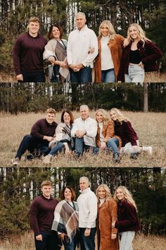 the family is posing for a photo in front of some tall grass and trees with their arms around each other