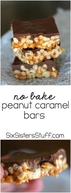 no bake peanut butter caramel bars are stacked on top of each other with chocolate and nuts