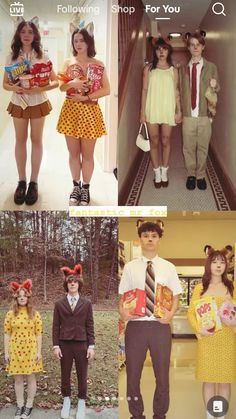 four different pictures of people dressed in costumes and holding candy boxes, one is wearing a cat costume