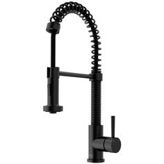 a black faucet mounted on the side of a sink with a hose attached to it