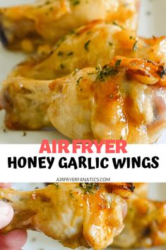 air fryer honey garlic wings on a white plate with text overlay that reads, air fryer honey garlic wings