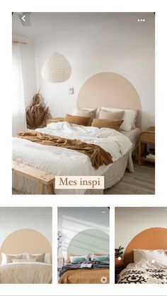 a collage of photos showing the interior of a bedroom