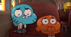 an animated character sitting in a chair next to another character with big eyes and nose