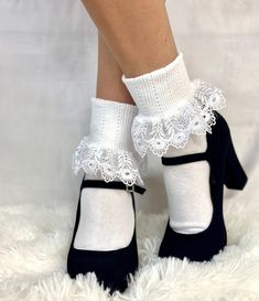 "BLOSSOM  lace ankle cuff socks women - white Exquisitely crafted lace sock from lightweight white cotton, these endearing lace socks are embellished with a luxurious 1 3/4\" long embroidered Victorian lace. A timeless addition to any ensemble, this stunning pair of lace socks looks effortlessly polished and refined with a range of shoe styles from sneakers to heels - sure to delight and enthrall with its elegance. . 90% COTTON.10% LYCRA SPANDEX one size fits most women 6-10 Super cuddly lightwe Wide Foot Sock Heels, Lace Socks Nordstrom, Princesscore Socks, Lace Socks With Heels, Lace Sock, Sock Fashion, Lace Ankle Socks, Knit Boot Socks, Frilly Socks