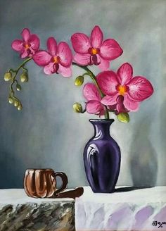 a painting of pink flowers in a blue vase next to a coffee cup on a table