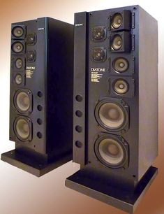 two black speakers sitting next to each other